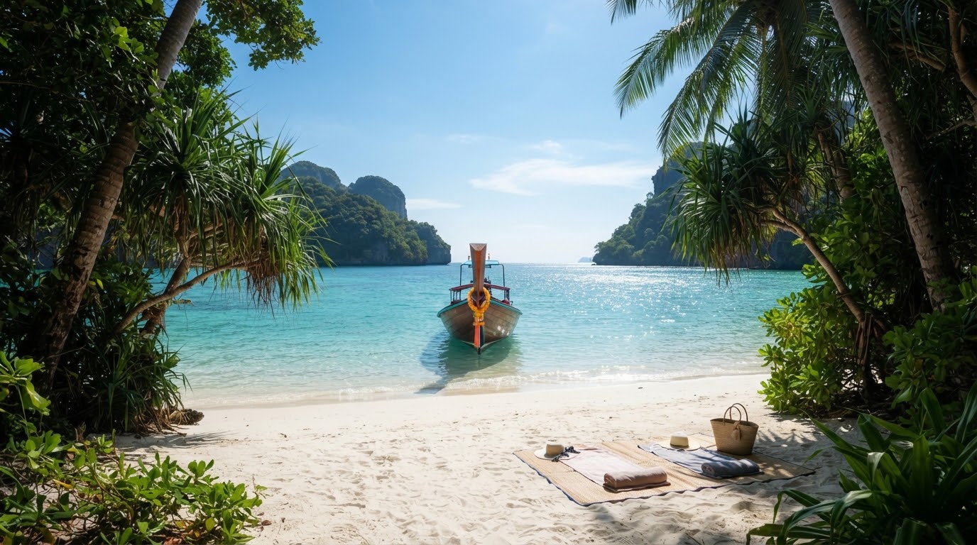 Longtail boat on a white-sand beach in Thailand