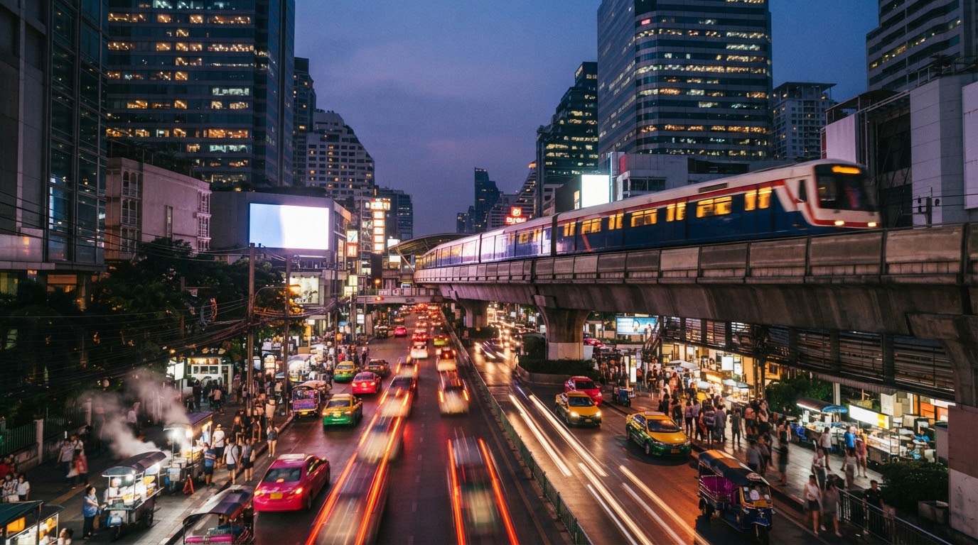 BTS Sukhumvit at dusk for a solo first night in Bangkok
