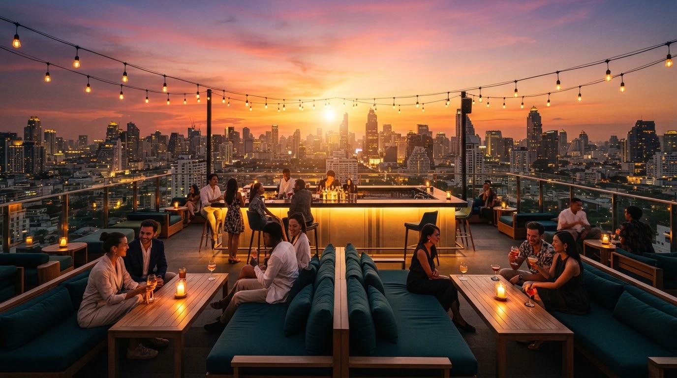 Bangkok rooftop bar at sunset for a solo night out