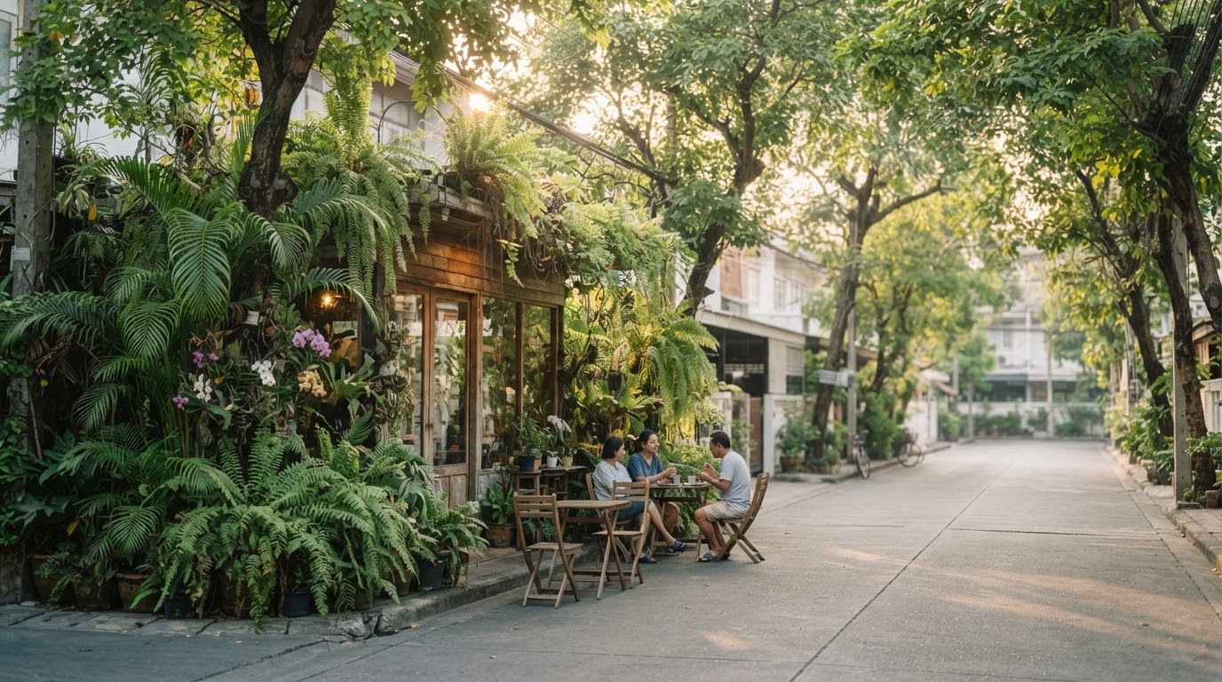 Daytime cafe terrace in Ari Bangkok for a calm solo stay