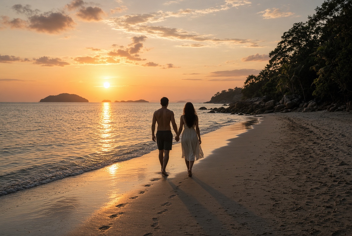 Honeymoon couple at sunset in Khao Lak