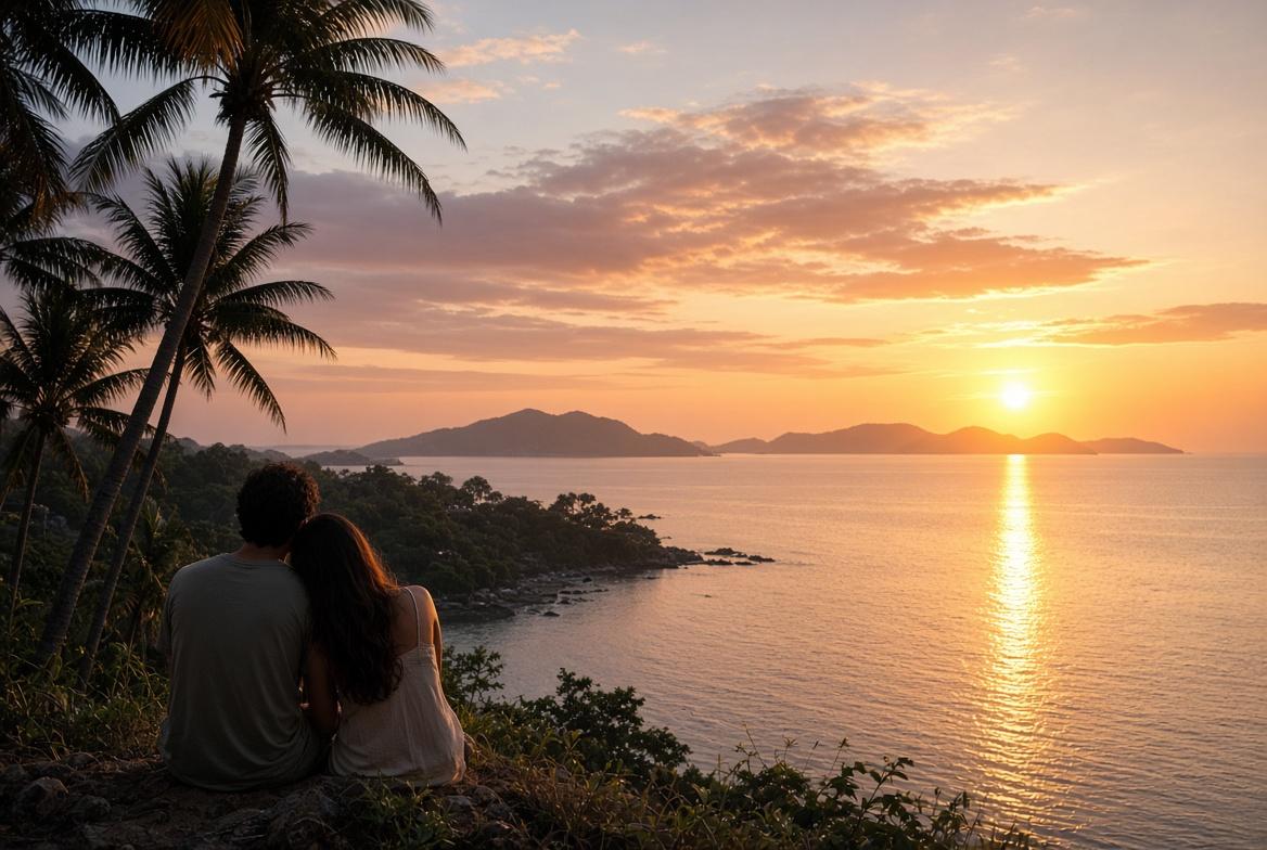 Honeymoon couple at sunset on Koh Chang