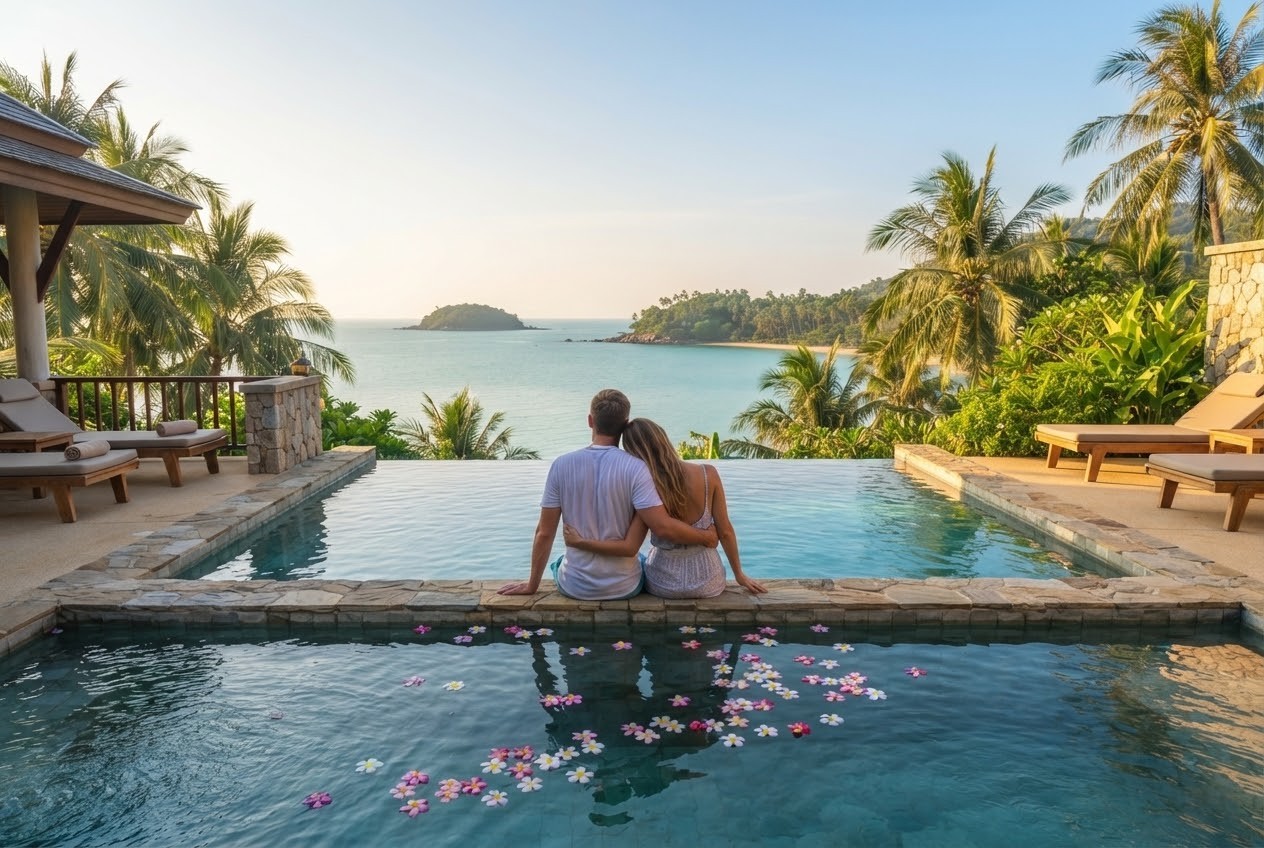 Honeymoon couple at a private pool villa in Koh Samui