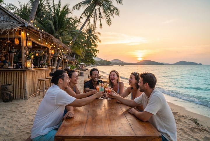 Beach bar at sunset for a solo night out in Koh Samui
