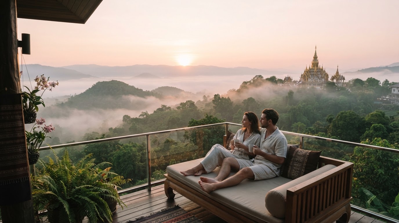 Couple on a balcony overlooking misty mountains and a temple in Chiang Mai
