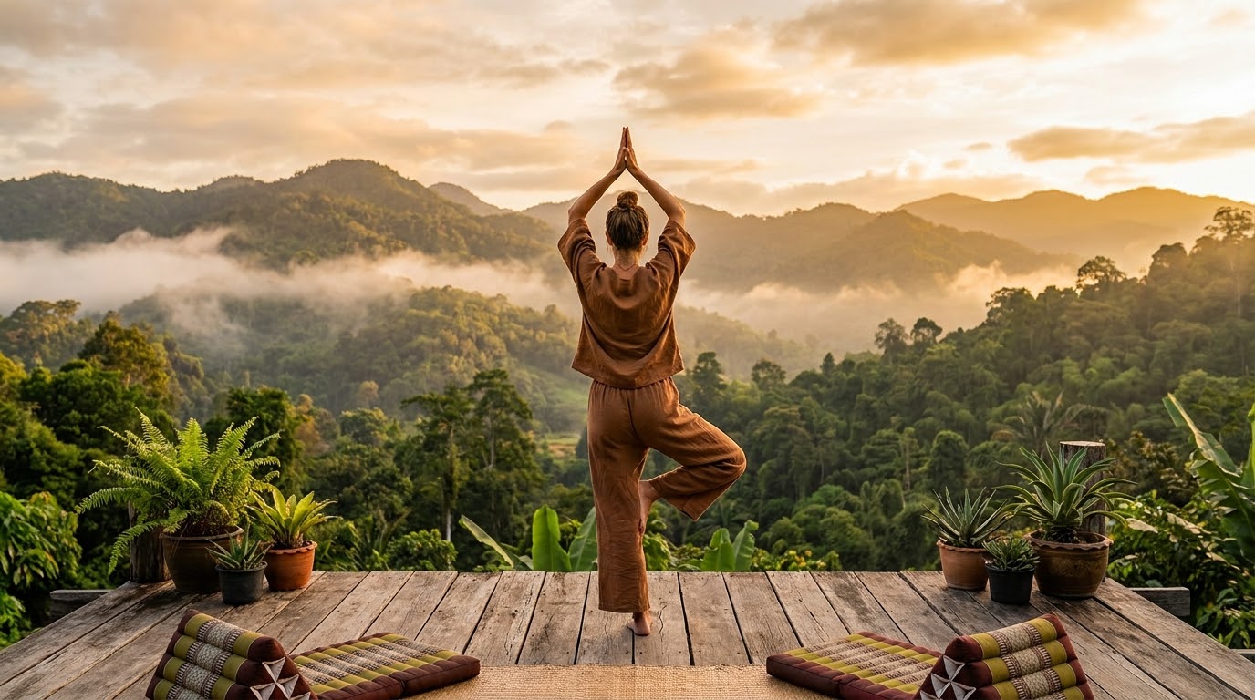 Yoga at sunrise on a wooden deck above misty mountains in Chiang Mai