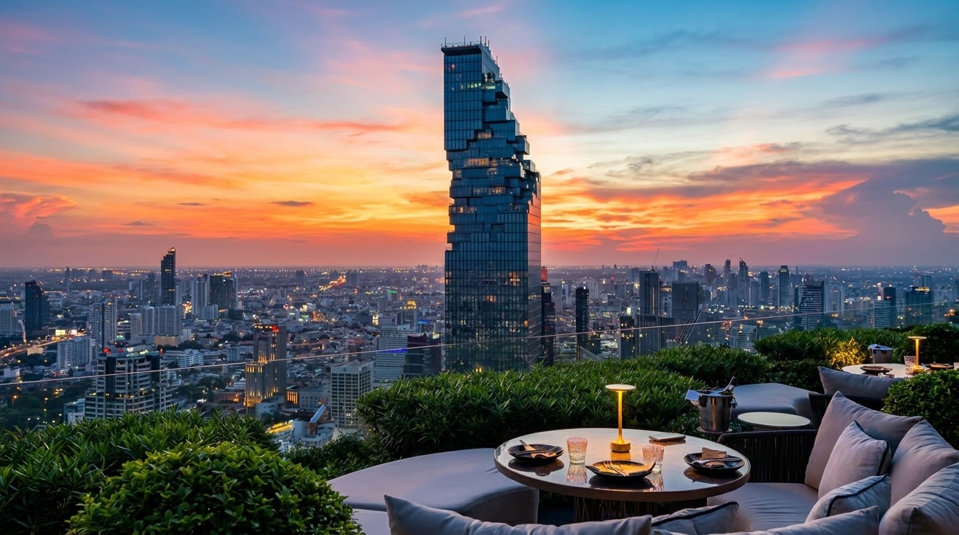 Rooftop bar at sunset overlooking the Bangkok skyline