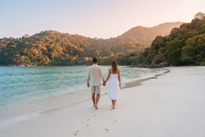 Couple walking hand in hand on a quiet beach in Phuket