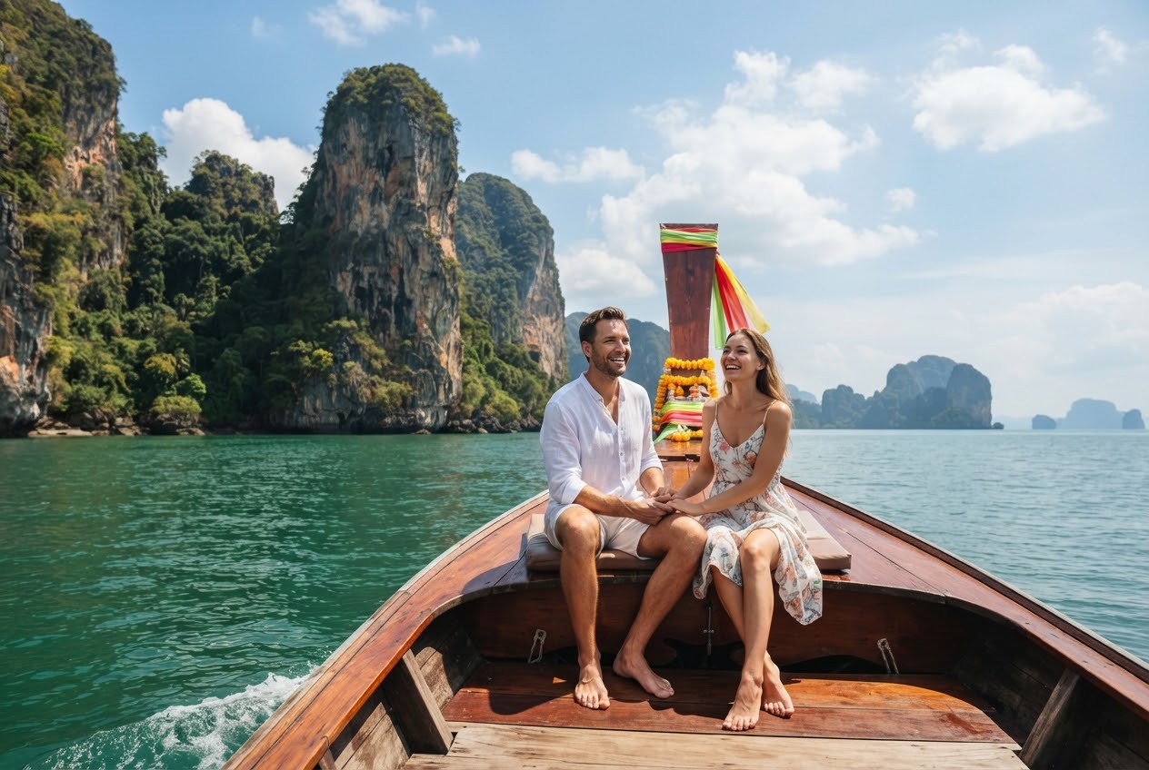 Honeymoon couple on a longtail boat in Phang Nga Bay, Phuket